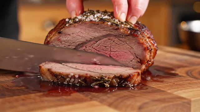Close-up slow motion knife slicing medium rare steak with juices on wooden board