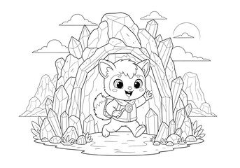 Cute cartoon lemur explorer character coming out of a crystal cave, coloring page for kids, line art illustration of a happy animal adventurer with a backpack in a magical mountain landscape © Hikari Vector Studio