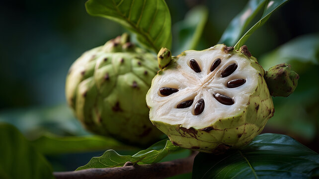 A detailed shot of a ripe Cherimoya (Custard Apple) cut in half, revealing the creamy white flesh and large black seeds, native to the Andean valleys.