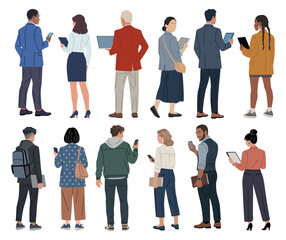 Obraz na płótnie Canvas Diverse group of people stands, each holding a digital device. They appear focused, engaged with screens or content. Urban professionals and commuters interact with technology daily