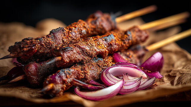 Spicy West African beef suya skewers coated in kuli-kuli peanut spice mix served with sliced red onions on brown paper.
