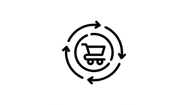 Shopping cart in circular arrow pattern ideal for ecommerce icons, retail concepts, cycle of shopping processes, mall promotions, online sales.
