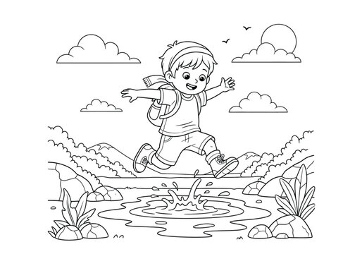 Coloring page for children with a happy boy jumping over a puddle in a beautiful nature landscape with mountains, clouds, and plants, line art illustration