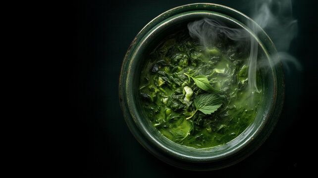 Moody overhead shot of traditional Caribbean Callaloo, a healthy green leafy vegetable soup or stew served in a ceramic bowl with steam.
