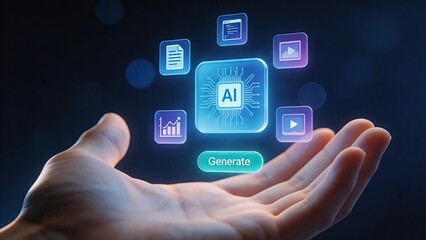 Fototapeta premium Hand holding glowing AI chip icon with digital interface futuristic technology concept artificial intelligence generation data processing innovation neural network machine