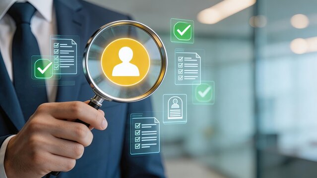 Businessman using magnifying glass to inspect digital user profile verifying identity data conducting background check analyzing personal information corporate security audit HR