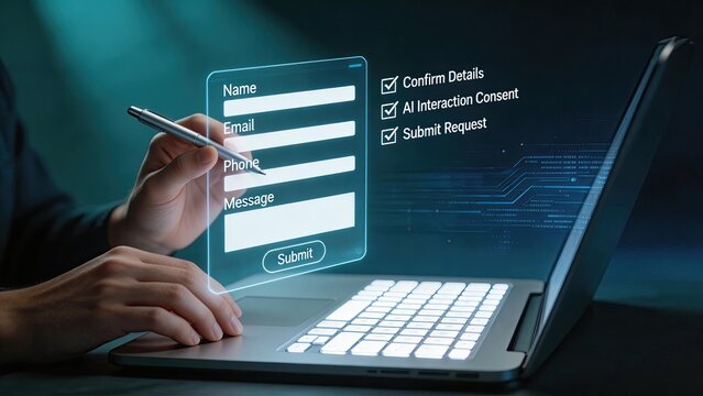 Futuristic holographic interface displaying digital form fields for name email phone and message with checkboxes for consent and request submission stylus pen hovering over laptop