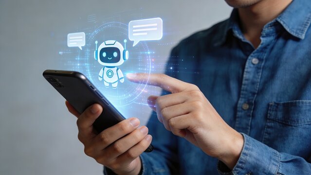 Man using smartphone with futuristic holographic AI robot assistant for customer service chatbot communication and digital support interaction modern technology concept