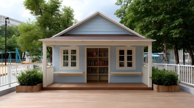 A charming blue wooden playhouse library stands open in an outdoor park setting with rows of colorful books displayed