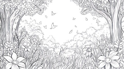 Fototapeta premium Forest path in spring, tranquil scene, for coloring book