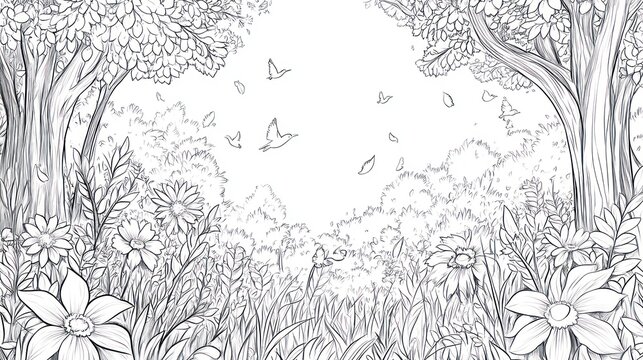 Forest path in spring, tranquil scene, for coloring book