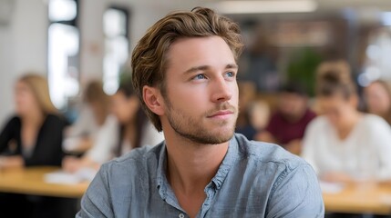 Naklejka premium A young blonde man with blue eyes focused and thoughtful in a modern classroom or study environment