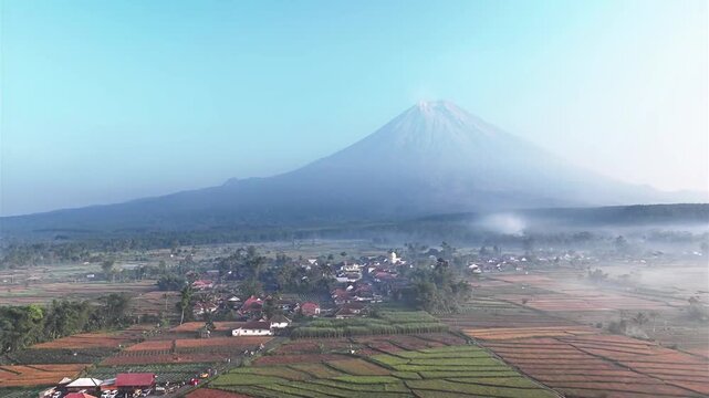 Mount Semeru Volcano Overlooking Rural Java Village at Dawn