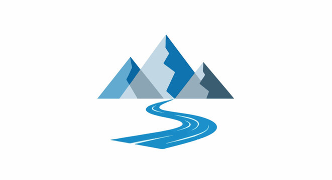 Stylized blue mountains with a winding river flowing towards the viewer