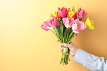 Naklejka premium Woman with bouquet of aromatic bright tulips on yellow background, closeup. Space for text