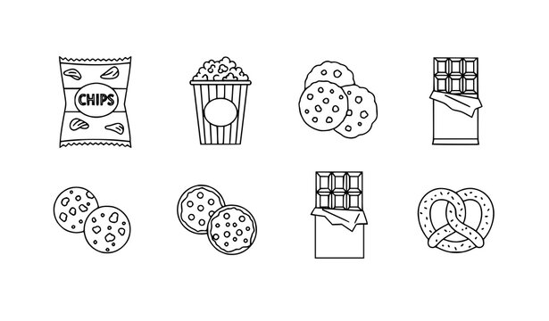 Minimal snack icons vector set simple outline food symbols isolated on white background