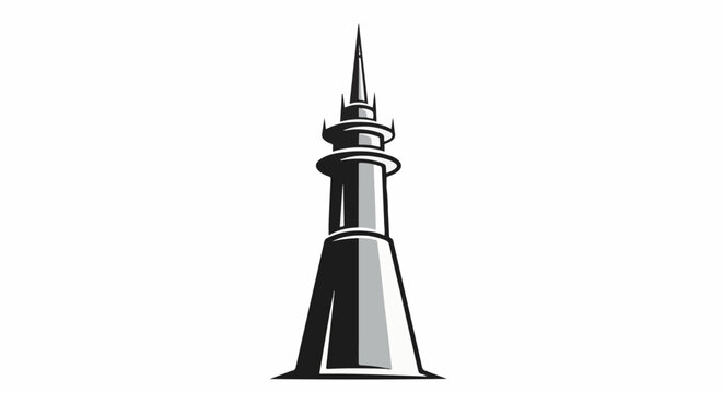 Stylized tall tower with a pointed spire, grey scale