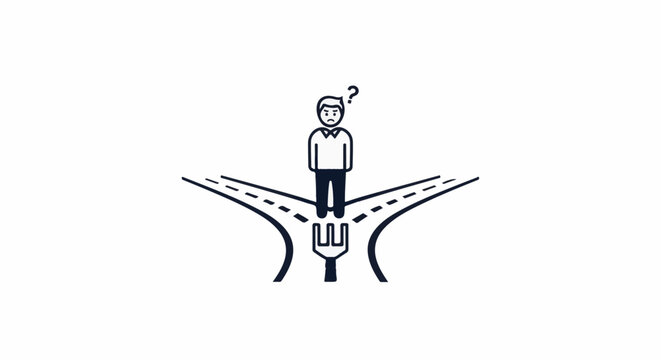 A confused person stands at a fork in the road, pondering their next move