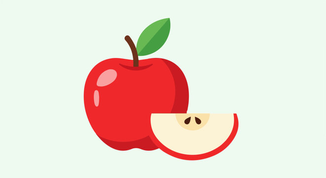 A bright red apple with a single leaf and a slice showing seeds