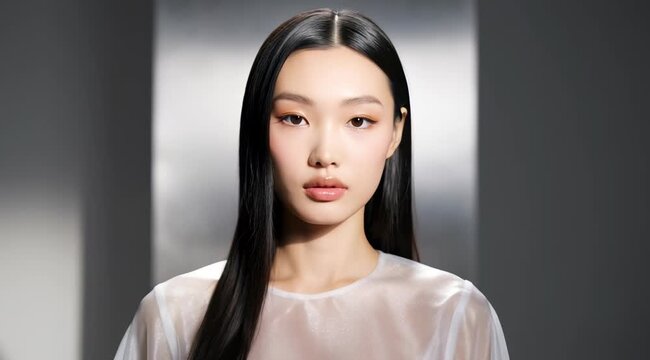 Beautiful Asian Woman with Long Dark Hair and Elegant Makeup Posing for a Fashion Shoot.