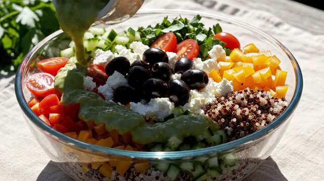 Vibrant healthy quinoa salad with fresh vegetables and feta cheese