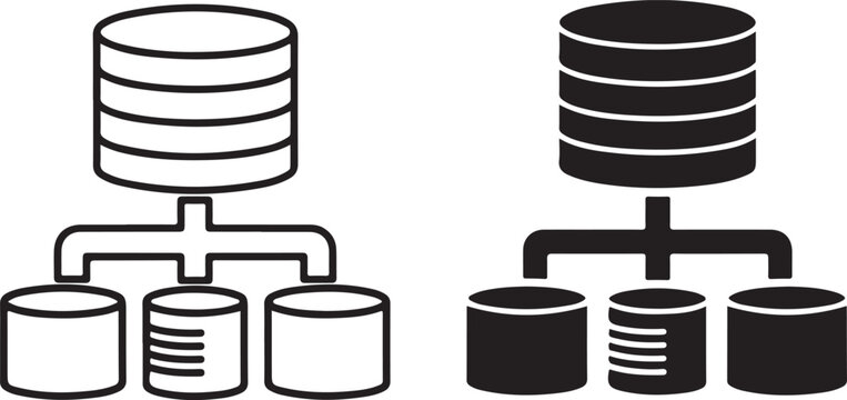 Database server with outline and solid black styles showing hierarchical storage structure with cylinders and connecting lines