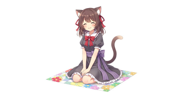 Anime cat girl sitting on colorful mat isolated on transparent background