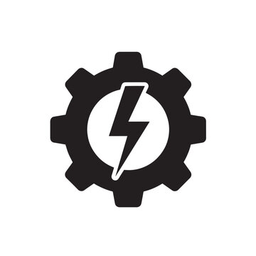 Industrial power generation gear icon with central lightning bolt. Engineering energy solutions and machine power.
