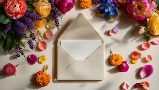 Sobre color crema abierto con tarjeta blanca rodeado de flores vibrantes y p&eacute;talos dispersos bajo una luz suave y sombras art&iacute;sticas.