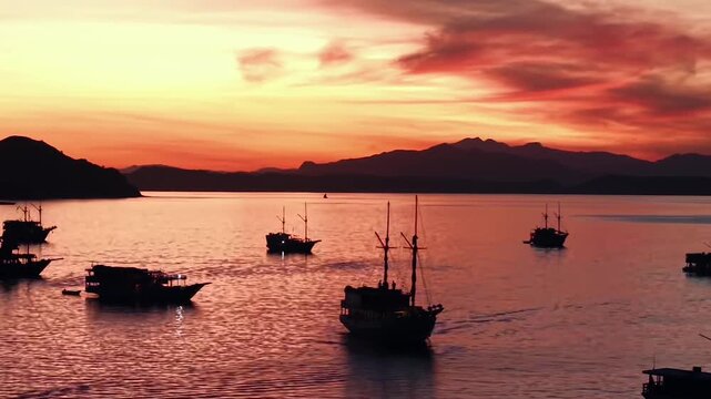 Sunset Over Labuan Bajo Harbor with Traditional Pinisi Boats in Flores, Indonesia