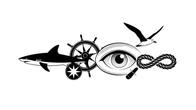 Mystical eye surrounded by a shark, clock, bird, and infinity symbol Vector