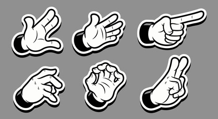 Fototapeta premium Diverse cartoon hands vector set depicting gestures such as shaka, pointing, and open palm on a grey background, conveying informal greetings and indications.
