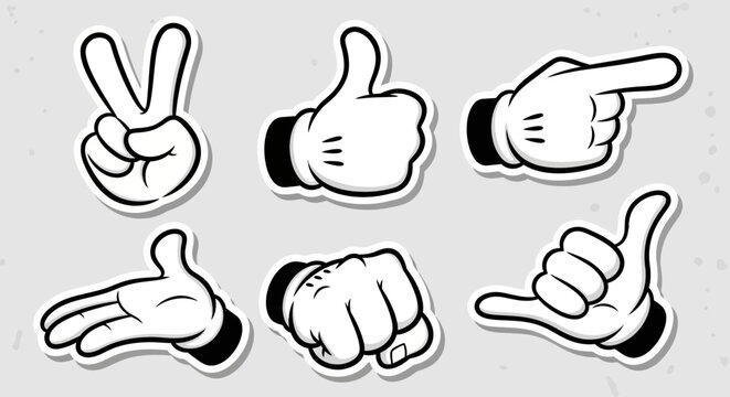 Classic cartoon hands vector set displaying gestures like peace sign, thumbs up, and pointing finger on a grey background, conveying approval and communication.