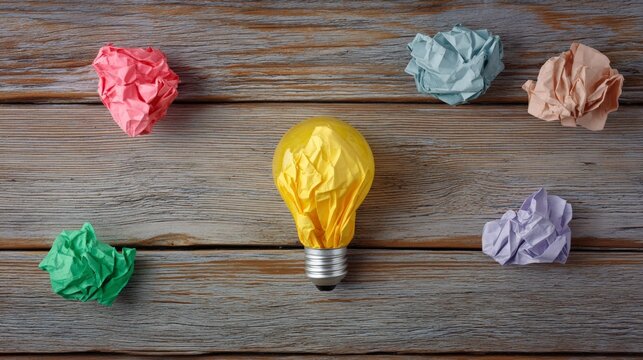 Light bulb with crumpled paper balls in various colors placed on wooden surface during creative brainstorming session