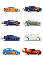Fototapeta premium Set of diverse car illustrations with flame decals and fire exhaust, featuring sports cars, muscle cars, and modern hatchbacks on white background.