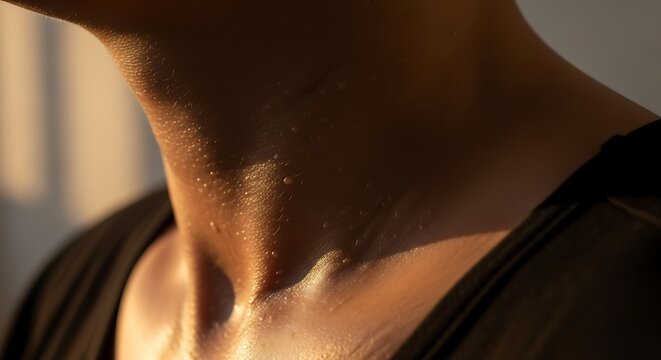 Close Up Of A Person S Neck With Subtle Sweat Beads Reflecting Warm Golden Hour Sunlight Gentle Shadows Highlight Skin Texture During A Warm Day