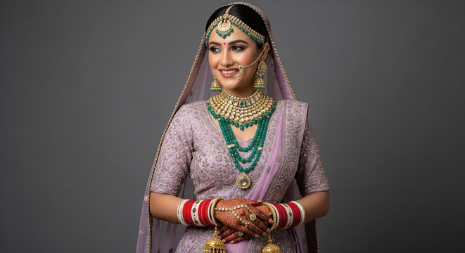 Smiling Indian Bride in Traditional Lavender Lehenga and Emerald Jewelry