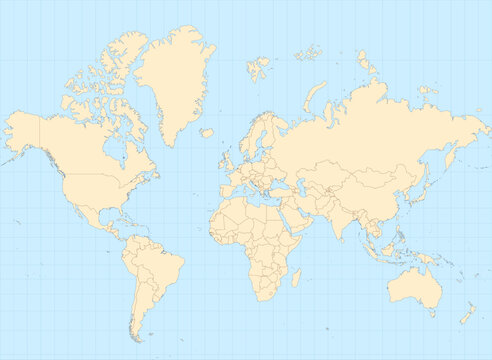 World map vector in Mercator projection with atlas-style colors, cropped 85&deg;N&ndash;60&deg;S and centered on Europe (10&deg;E). Editable vector with layers named by country (English)