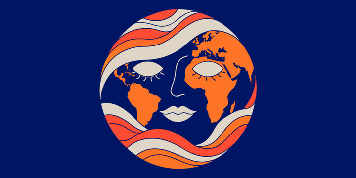 Stylized illustration of a woman's face made from a world map with wavy lines