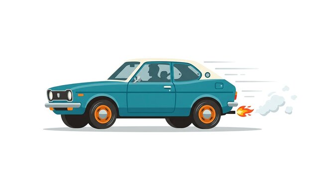 Stylized teal vintage car illustration driving at high speed with exhaust fire and smoke isolated on white background.