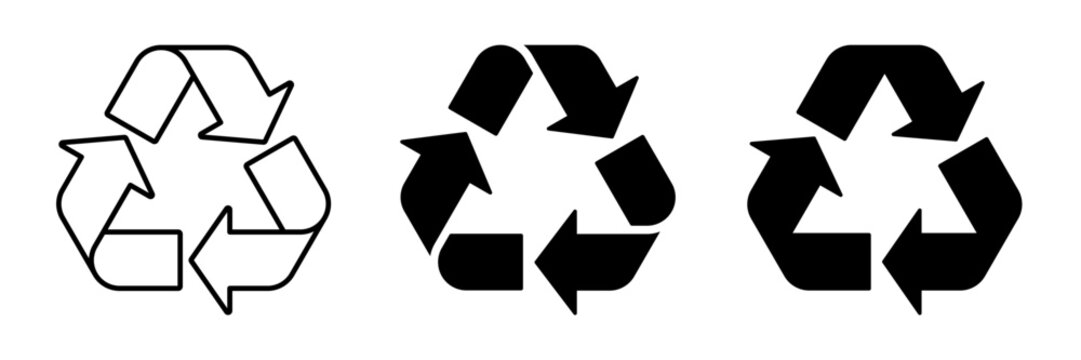 Recycle symbol set, triangle triple arrow, black fill and outline editable stroke. Vector