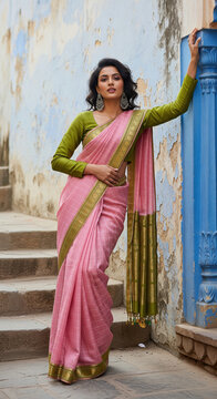 Elegant Indian woman in pink checkered saree against ancient wall.