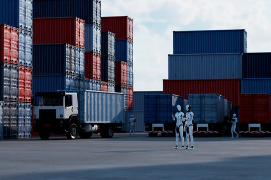 3D robot container yard with truck and automated freight scene