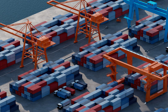 3D port container grid with crane, truck, and shipping layout