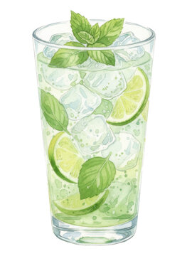A delightful watercolor illustration depicts a refreshing mojito cocktail brimming with ice cubes, fresh lime slices, and vibrant mint leaves, set against a pristine white background