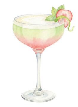 A charming watercolor illustration depicts a refreshing strawberry and mint cocktail in a coupe glass. Featuring a delightful pink and green gradient with fresh garnishes, it evokes an elegant summer 