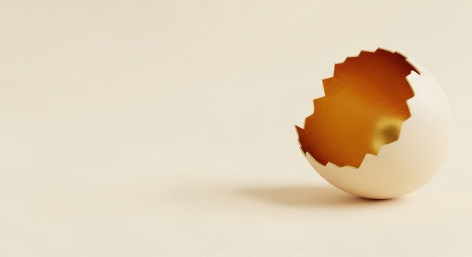 Broken white eggshell on plain beige background with empty interior and subtle shadow ideal for food and nutrition concepts
