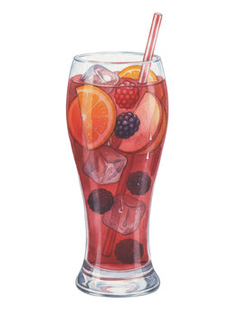 Vibrant watercolor illustration a refreshing red fruit drink, garnished with orange slices, ripe raspberries, and juicy blackberries, complete with ice cubes and a striped straw, isolated background