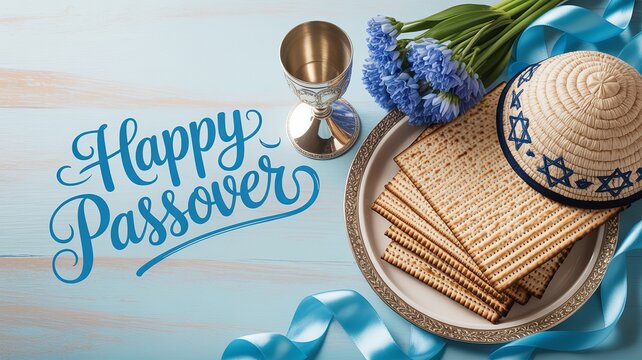 Festive Passover flat lay with matzah ribbon flowers and symbols.