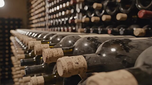 Aged dusty wine bottles with corks on racks in a dark cellar